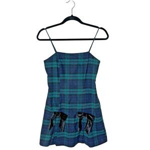 Altar’d State Sleeveless Navy & Green Plaid Bow Skort Dress XS Preppy Coquette